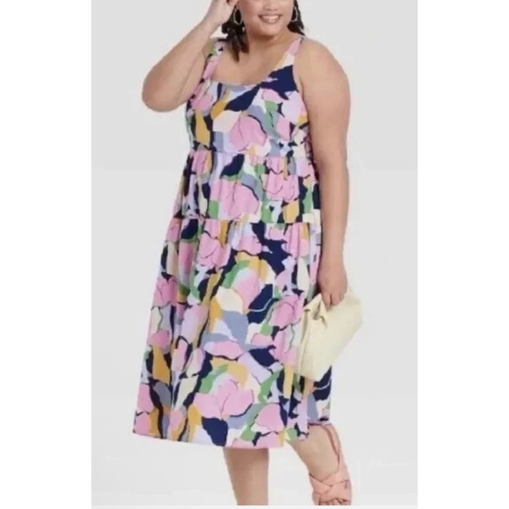 Ava & Viv Womens 2X Pink Abstract Floral Tiered Midi Dress Smocked Back